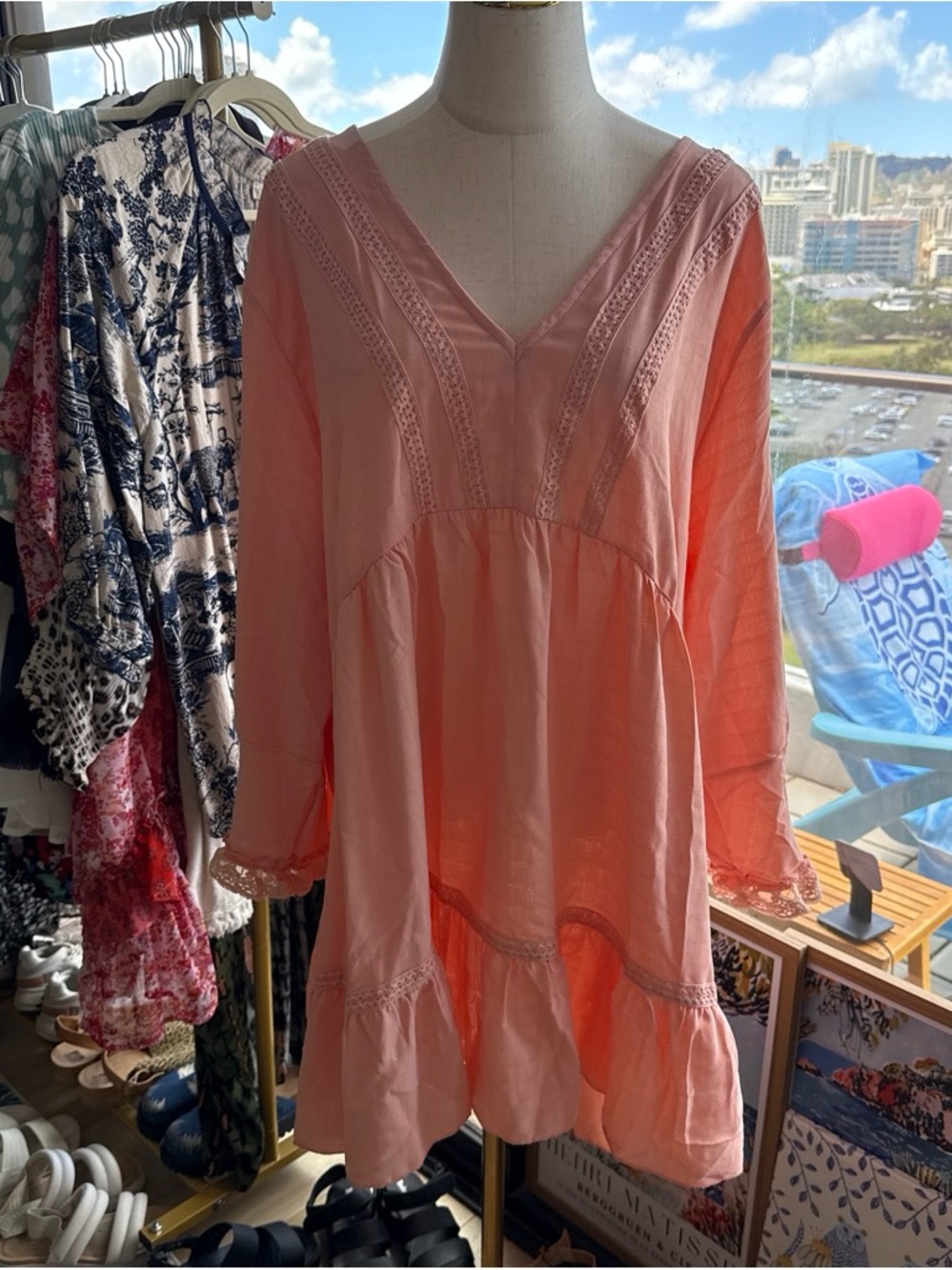 Paisley Vine: Women's Peach V-Neck Boho Tunic Dress with Lace Trim